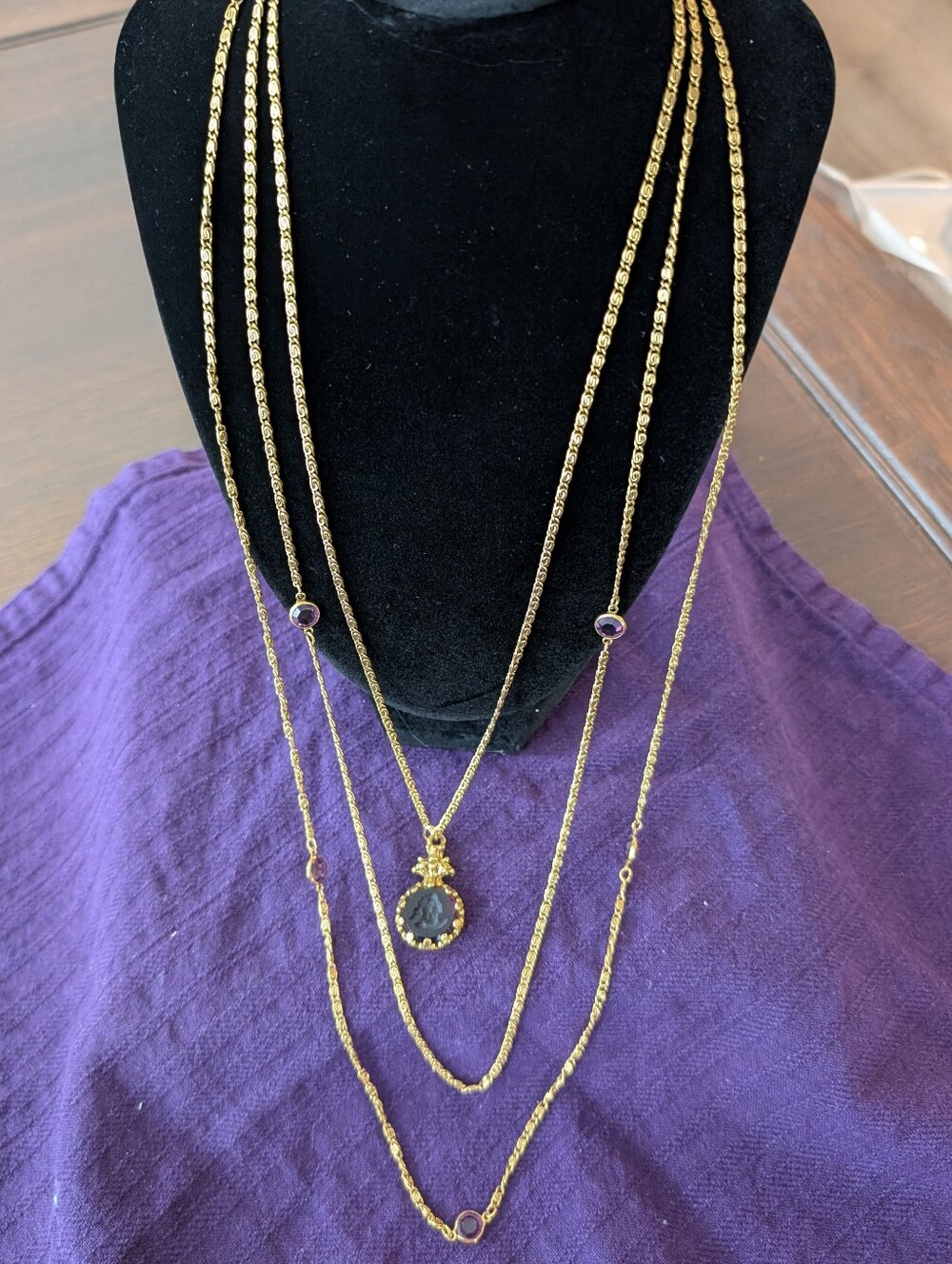 Vintage Elegant Triple Strand Necklace Goldette Purple Intaglio Bezel